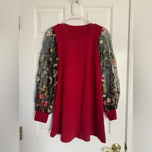 Red maroon dress with flower embroidered mesh sleeves